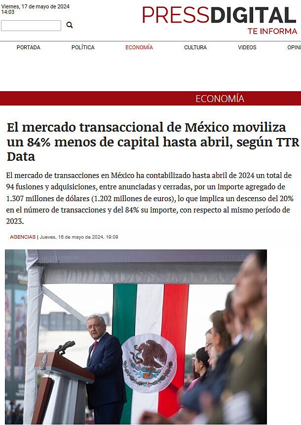 El mercado transaccional de Mxico moviliza un 84% menos de capital hasta abril, segn TTR Data